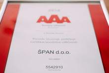 Podjetje Špan d.o.o. prejelo certifikat odličnosti AAA